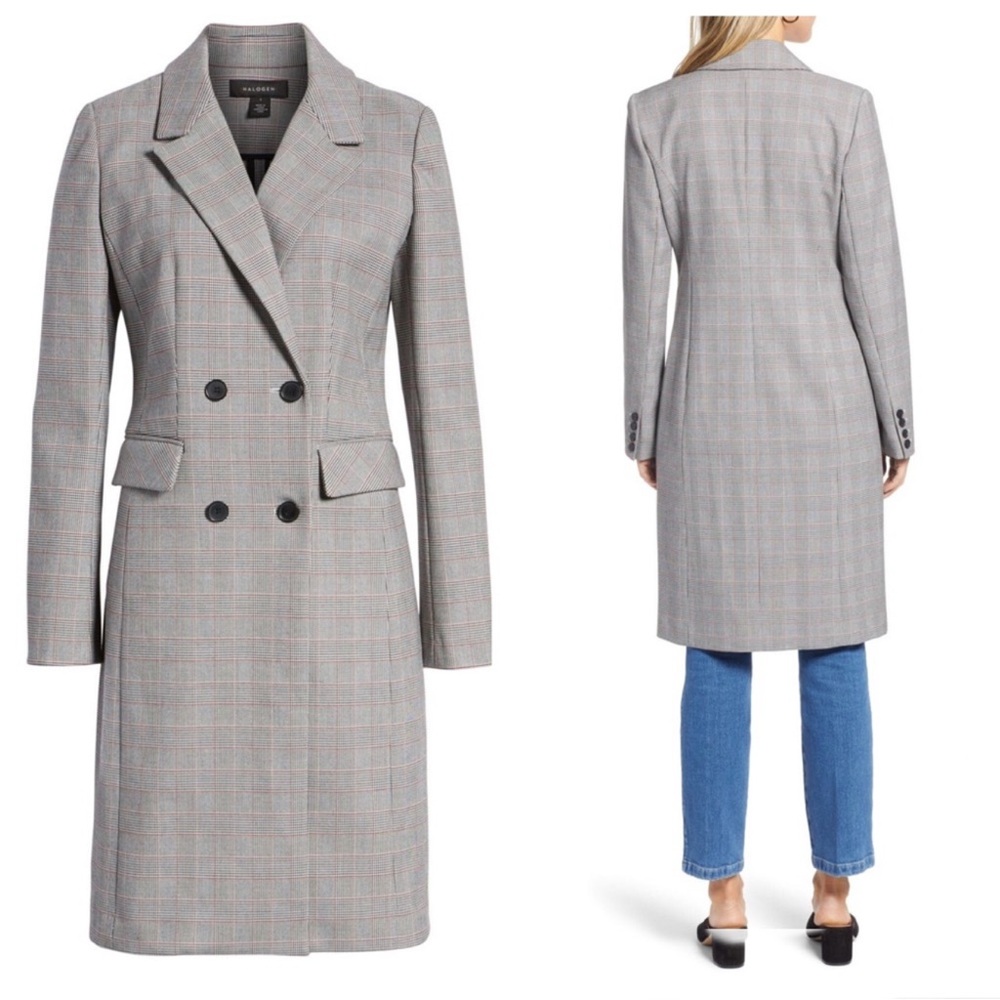 Halogen Plaid Trench Coat Double Breasted Structured Shoulder Pads women’s 6